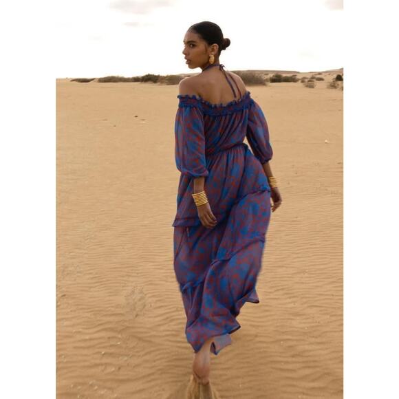 Mallory The Label Ramla Tiered Off Shoulder Maxi Dress S/M Blue Orange Floral - Picture 3 of 9